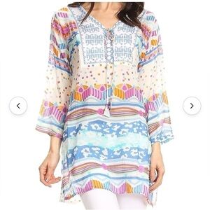 NWT Sakkas Carina Tie Front 3/4 Sleeve Tunic with Cross Stitch Embroidery